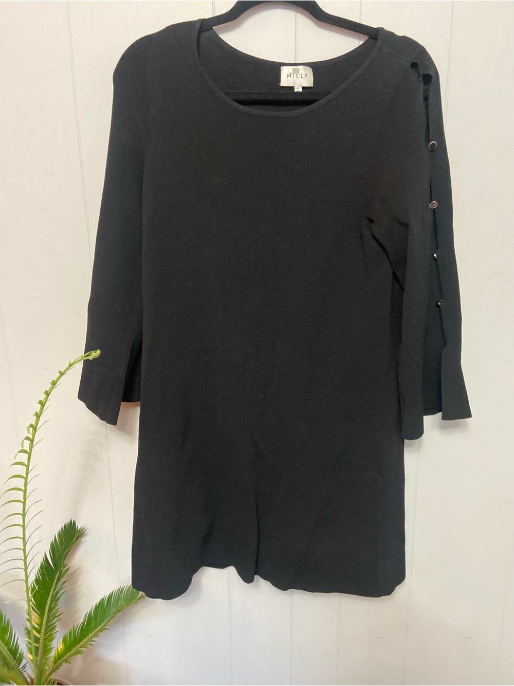 Milly Black Viscose Blend Knot silver grommet opening sleeves dress. Size Medium
